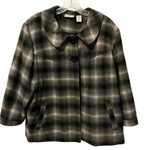 Breckenridge Woman Plaid Blazer 2X Jacket Button Down Gray Black Pockets